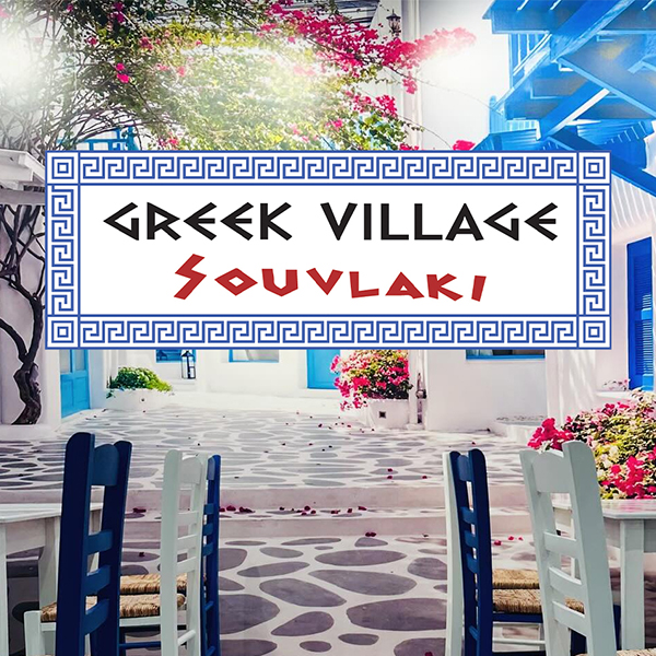 Greek Village Souvlaki Logo on a background of the restaurant