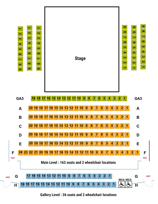 General seating set up in three rows to the left and to the right of the stage as well as the first row in front of the stage. Six rows of assigned seating on risers in front of the stage behind the first row of general seating (main level - 163 seats plus 2 wheelchair locations). Two rows of assigned seating (36 seats plus 2 wheelchair locations) in the gallery section located behind the riser section.